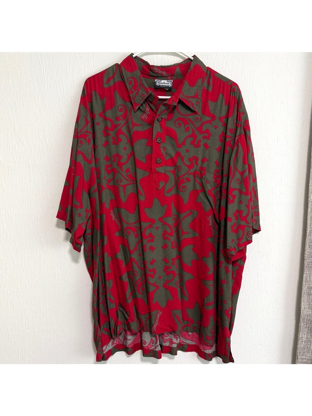 Manuhealii Mens Hawaiian Aloha Pullover Shirt XXL Red Gray Rayon Collared